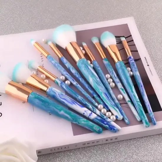Juego de 10 brochas de maquillaje personalizadas, brochas angulares azules para base y rubor, herramientas de belleza y cosmética.
