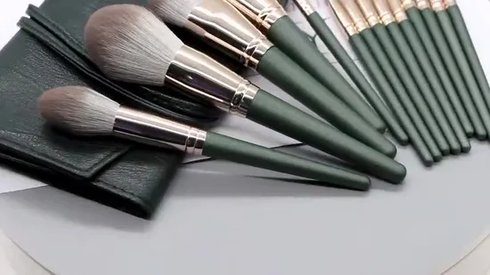 Juego de 14 brochas de maquillaje profesionales OEM, color verde oscuro, veganas, para sombras de ojos y base de maquillaje.